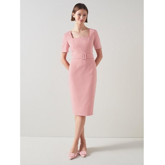 LK BENNETT Leonora Pink Shift Dress / Size 12 / Pink Crepe Belted Work - Picture 1 of 8